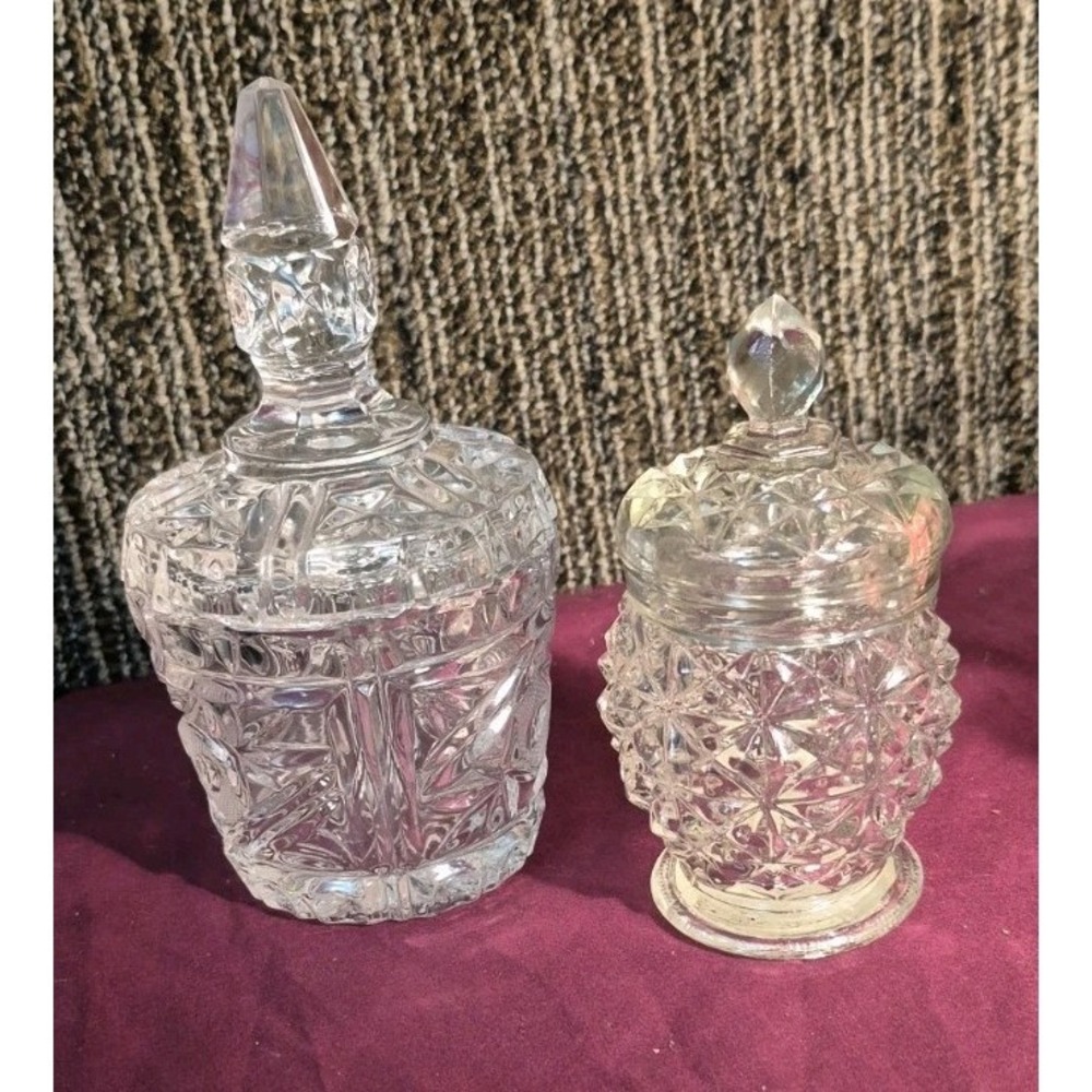 Vintage Avon Crystal Facets Roses Roses Cologne Jar + Glass Decanter Vanity Set